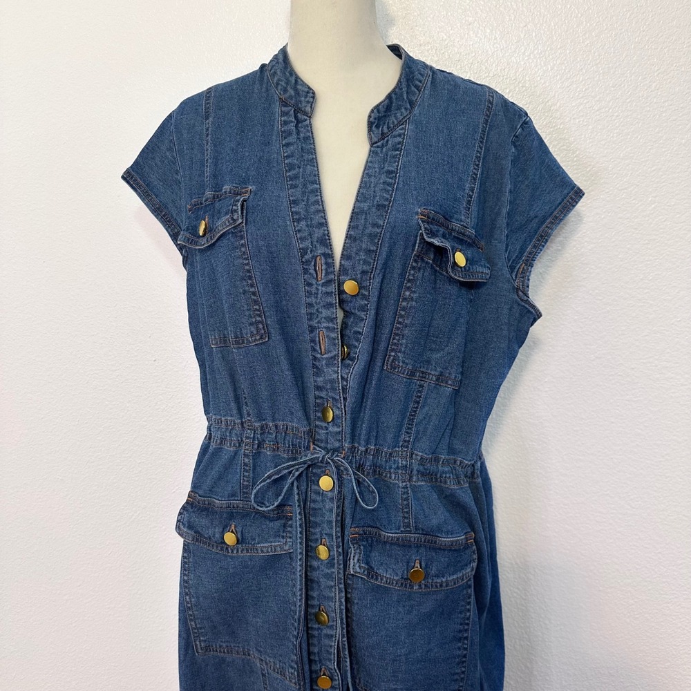 Utility Cargo Western Prairie Button Front Denim Midi Dress Womens L Blue